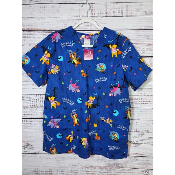 Disney Winnie The Pooh Halloween Scrub Top M Tigger Eeyore Piglet Uniform NWT - Picture 1 of 3